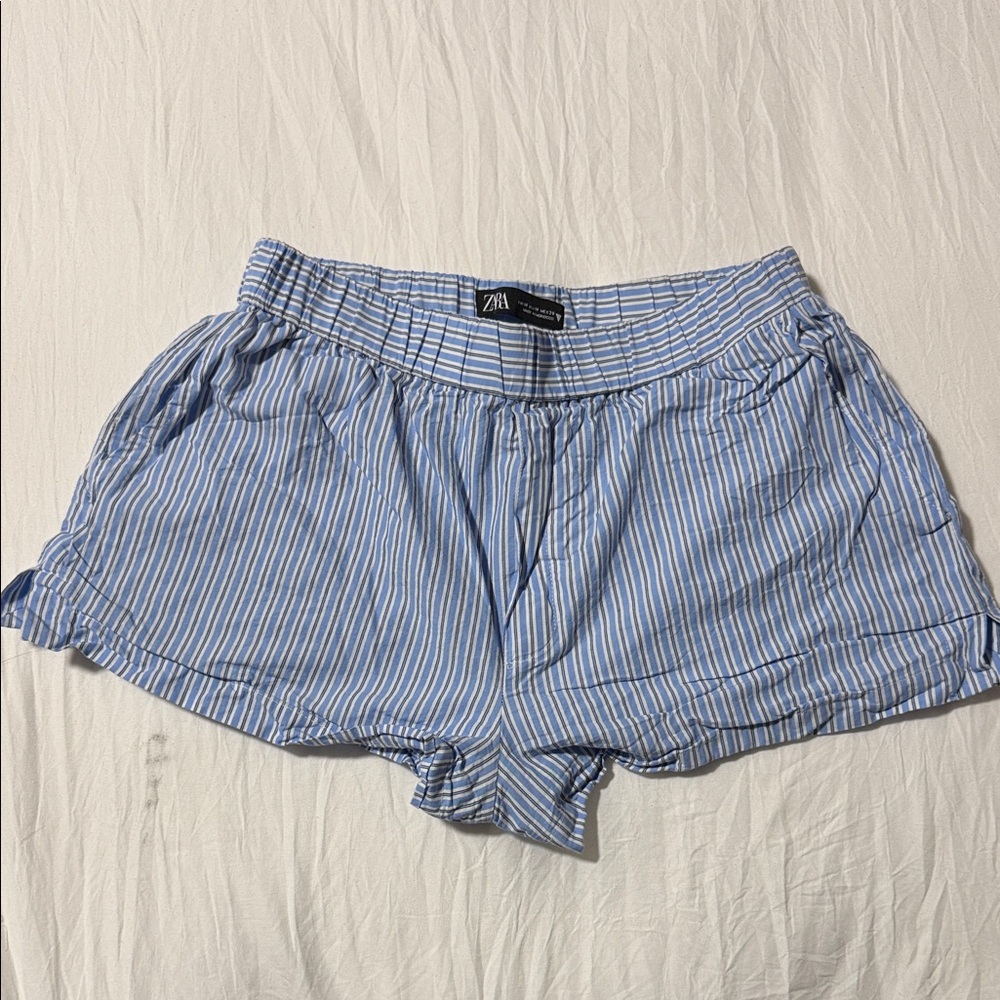 Zara High Waist Blue Striped Shorts